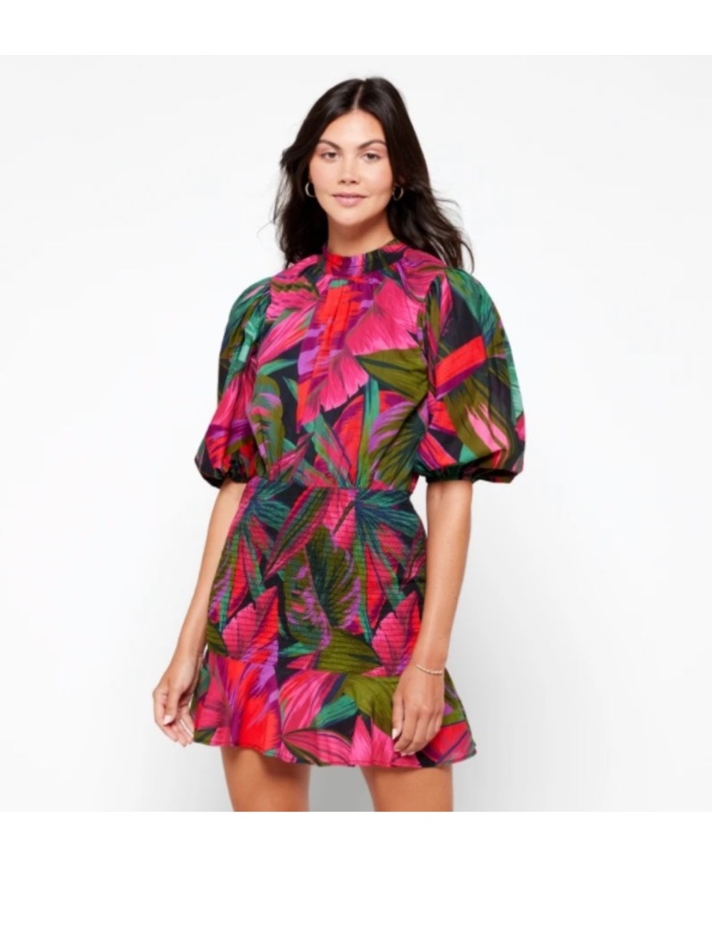 Farm Rio Midnight Leaves Floral Puff-Sleeve Mini Dress size small
